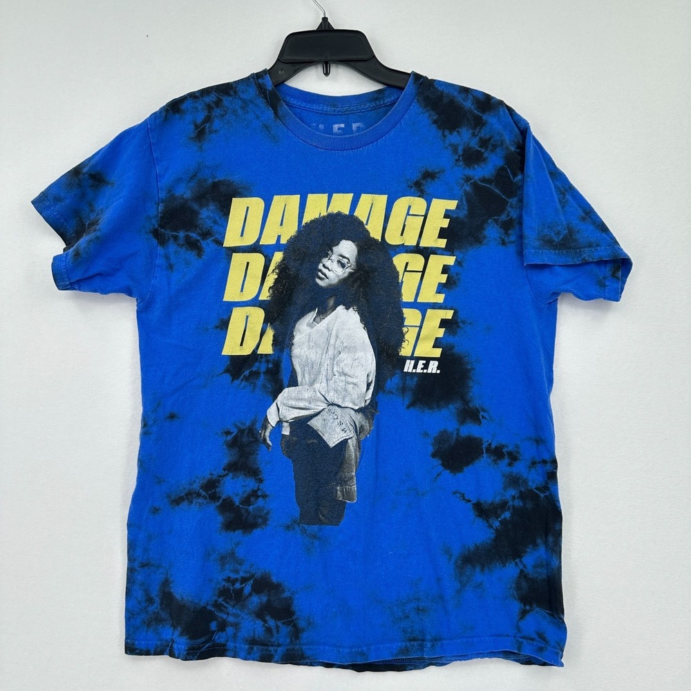 H .E .R. T-Shirt Damage Tie Dye Mens M/L Blue Music Merch Band Graphic Tee